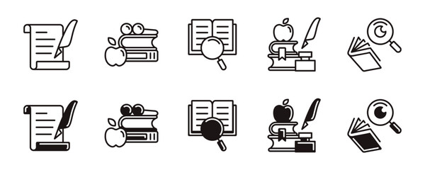 Aufkleber - study research icon line set education read journal literature book search discovery cognition with magnifier signs vector outline illustration