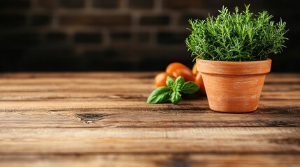 Fresh herbs and tomatoes on wooden table