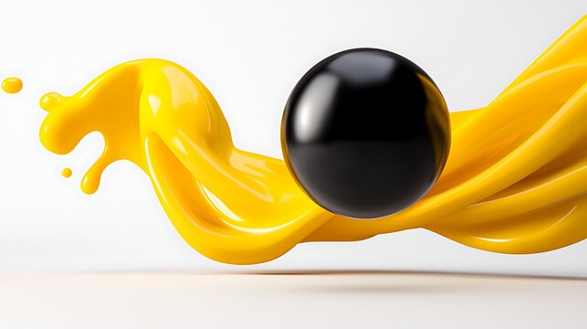 Abstract Dynamic Composition of Yellow Liquid and Black Sphere