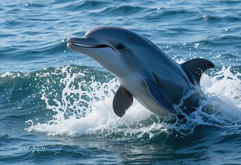 Wall Mural - a young dolphin gracefully leaps from the ocean waves creating a splash of water.