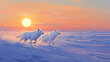 © Thiago - Create a vivid representation of an arctic tundra at dawn where the sun rises over the snowy plains and a pair of white wolves sprint joyously. Arctic Tundra. Illustration