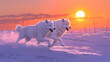 © Thiago - Create a vivid representation of an arctic tundra at dawn where the sun rises over the snowy plains and a pair of white wolves sprint joyously. Arctic Tundra. Illustration