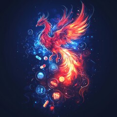 Canvas Print - Fiery phoenix, pills, vibrant cosmic art.