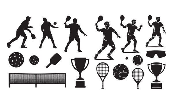 Pickleball Silhouettes and Icons - Players, Equipment, and Court Elements