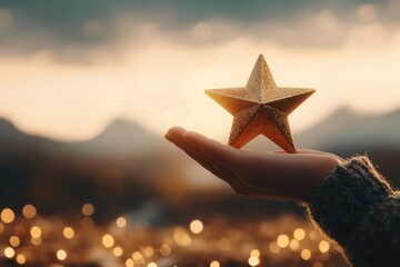 Poster - A clean, modern design of a hand holding a small star, rendered in soft gradients of gold and blue, emphasizing pride and recognition