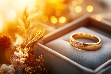 Poster - A close-up of a gold wedding band in a velvet box, with soft light highlighting its elegance and significance