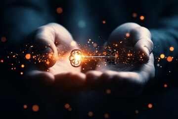 Aufkleber - A close-up of a hand holding a glowing key, symbolizing something unique and extraordinary, against a dark background