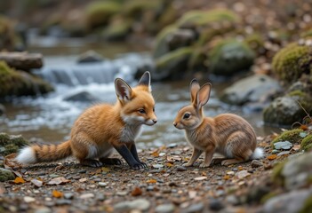 Wall Mural - A red fox kit and a young rabbit meet near a small stream in a forest setting.