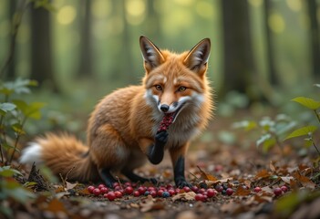 Wall Mural - A vibrant red fox sits in an autumnal forest, delicately eating a cluster of berries scattered on the forest floor.