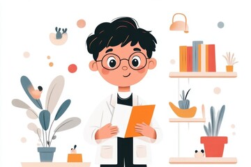 Aufkleber - A flat 2D design of a child nervously standing in front of a classroom, holding a piece of paper with shaking hands, illustrated in soft pastel colors on a clean white background
