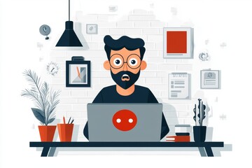 Aufkleber - A flat 2D illustration of a person sitting at a desk, frozen in shock as their laptop screen displays a bright red alert message, with simple, bold colors on a white background