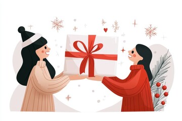 Poster - A flat 2D illustration of two people exchanging gifts, with radiant smiles and glowing symbols of gratitude floating around them, drawn in soft pastel tones on a white canvas