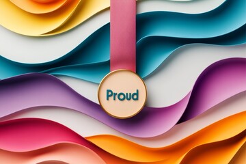 Poster - A flat design of a medal hanging on a ribbon, with the word â€œProudâ€ written in a sleek, modern font, surrounded by soft pastel gradients