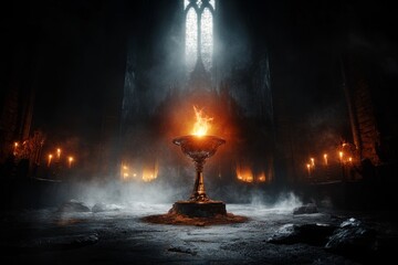Poster - A gothic scene of a glowing chalice on an ornate altar in a dark cathedral, surrounded by faint candlelight and shadowy figures, symbolizing a special ritual