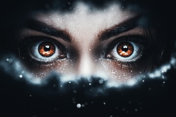 Poster - A hyper-realistic close-up of a person face frozen in shock, their mouth slightly open and their eyes wide, with fine details of their skin and glistening eyes captured in dramatic lighting