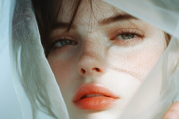 Poster - A hyper-realistic close-up of a person face, their brows furrowed and lips slightly parted as they stare at a perplexing object in their hand, with visible pores and fine lighting details