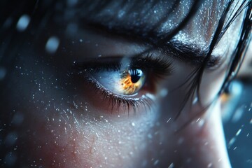 Poster - A hyper-realistic close-up of a tear-streaked face, with every pore, wrinkle, and droplet of moisture detailed, their downcast eyes and trembling lips revealing deep shame