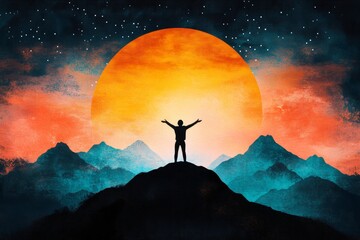 Poster - A pixel art depiction of a person standing on a hill at sunrise, with their arms outstretched in gratitude as pixelated sunbeams cast light across the scene