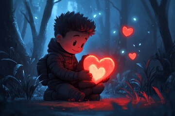 Poster - A pixel art depiction of a small character kneeling in a lush pixelated forest, surrounded by glowing pixel hearts floating around them to symbolize thankfulness