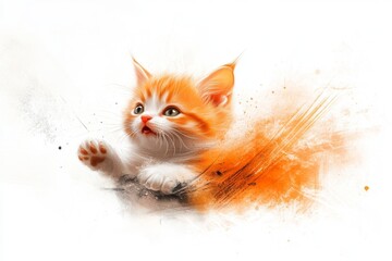 Aufkleber - A playful 2D drawing of a cartoon cat leaping into the air in shock, with a puff of smoke and motion lines under its feet, drawn in vibrant tones on a white background