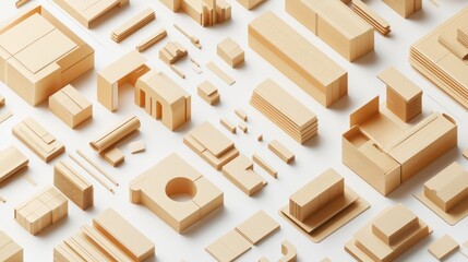 Poster - Aerial view of various geometric cardboard structures arranged neatly on a white surface