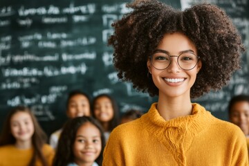 Poster - A teacher smiling proudly as they stand in front of a chalkboard filled with lesson notes, surrounded by enthusiastic students
