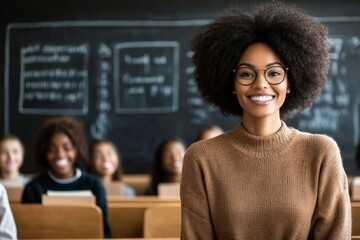 Poster - A teacher smiling proudly as they stand in front of a chalkboard filled with lesson notes, surrounded by enthusiastic students