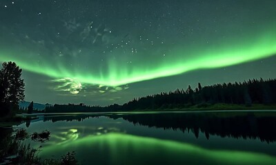 Wall Mural - A magnificent holographic aurora borealis display lighting up the sky over a peaceful lake.