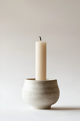 Canvas Print - A single, unlit candle sits in a speckled ceramic holder against a minimalist background.  Simple elegance.