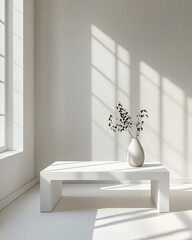 Wall Mural - Minimalist room interior with a low white table, vase, and branches. Sunlight streams through a window, casting shadows on the wall.