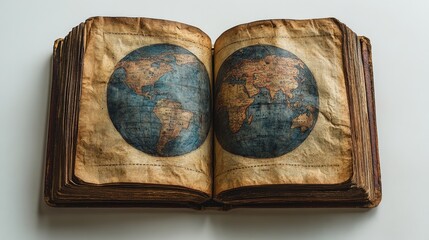 Wall Mural - An antique open book showcasing a vintage world map with detailed geographical features