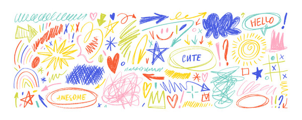 Poster - Funky crayon drawn doodle shapes collection. Colorful childish doodles, scribbles and scratches. Cross hatch, clouds, arrows, stars and various chalk abstract figures or stickers for hand drawn notes.