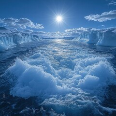 Poster - Arctic waterway, icebergs, sun, wake, blue.