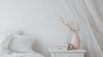 Canvas Print - Serene bedroom setting with white bedding, a pink vase of flowers, and books on a bedside table.