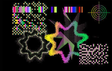 Poster - Brutalism and internet pixel graphics inspired vector collage made with simple geometric shapes and grunge texture in holographic bold colors, useful for poster art and digital prints.