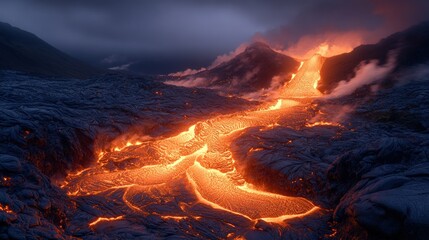 Canvas Print - Molten lava flows across dark volcanic rock.