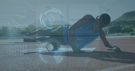 Poster - Digital interface image over athlete doing plank exercise on outdoor track