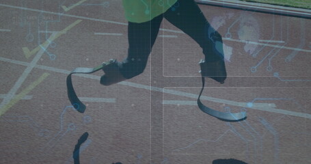 Poster - Running on track, athlete with prosthetic legs, technology image overlaid
