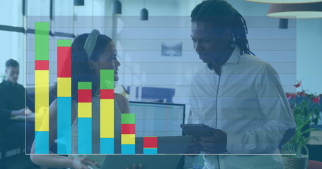 Poster - Business data analysis image over colleagues discussing work in modern office