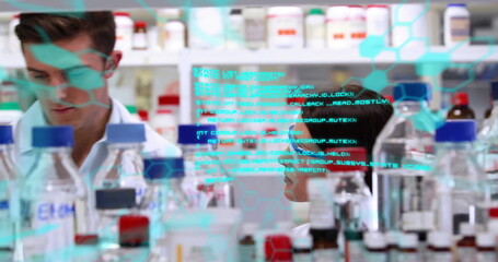 Poster - scientists working in laboratory with chemical formulas and data analysis image