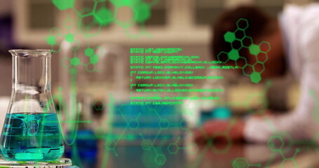 Poster - Chemical formulas and molecular structures image over scientist working in laboratory
