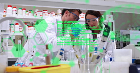 Poster - scientists working in laboratory with chemical formulas image over them