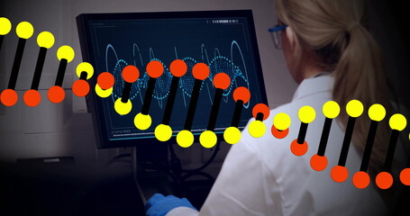 Poster - DNA strand image over scientist analyzing data on computer screen