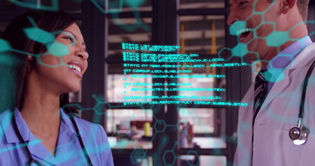 Poster - Laughing colleagues with scientific data processing image over office background