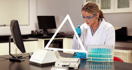 Poster - scientist working with test tubes, geometric triangle image over laboratory scene