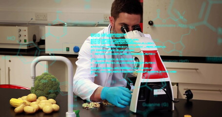 Poster - Scientist examining samples under microscope, molecular structure image over laboratory scene