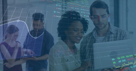 Poster - Financial data and stock market graphs image over diverse people using laptops