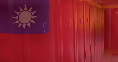 Poster - Taiwanese flag image over server racks in data center