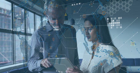 Poster - Global data network image over business professionals discussing information on tablet