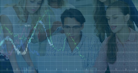 Poster - Analyzing financial data image over diverse business team working on laptop